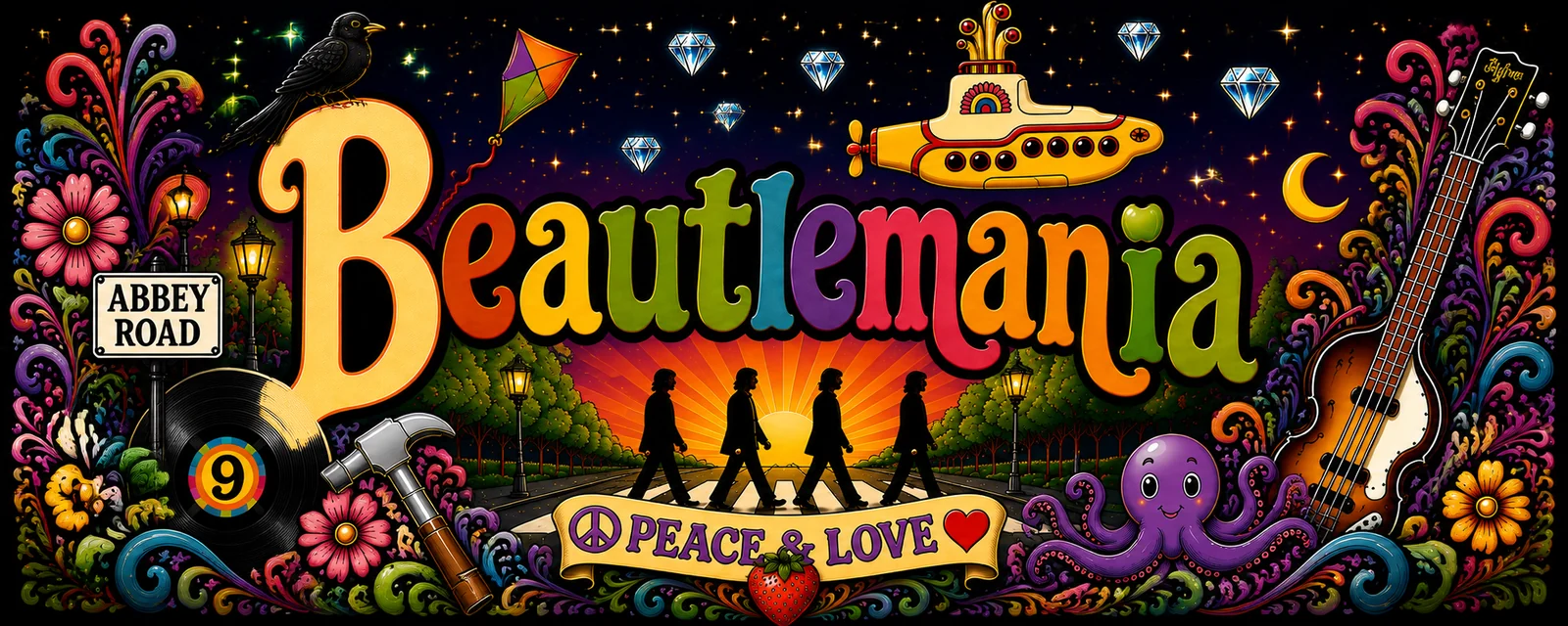 A richly illustrated Beautlemania banner with colorful lettering, a yellow submarine, Abbey Road imagery, flowers, stars, instruments, and a peace and love banner.