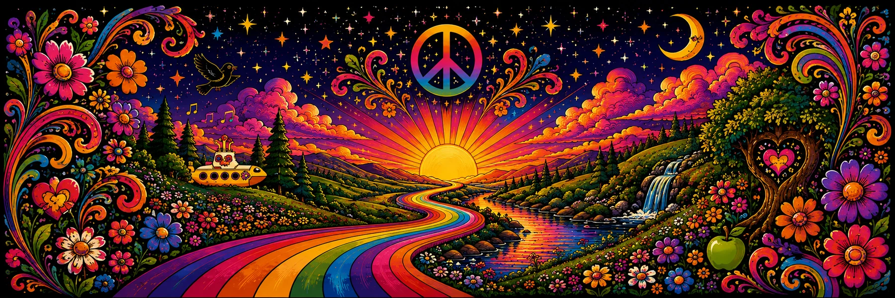 A richly colored psychedelic landscape at sunset, with a rainbow road, flowers, stars, a yellow submarine, and a peace symbol.
